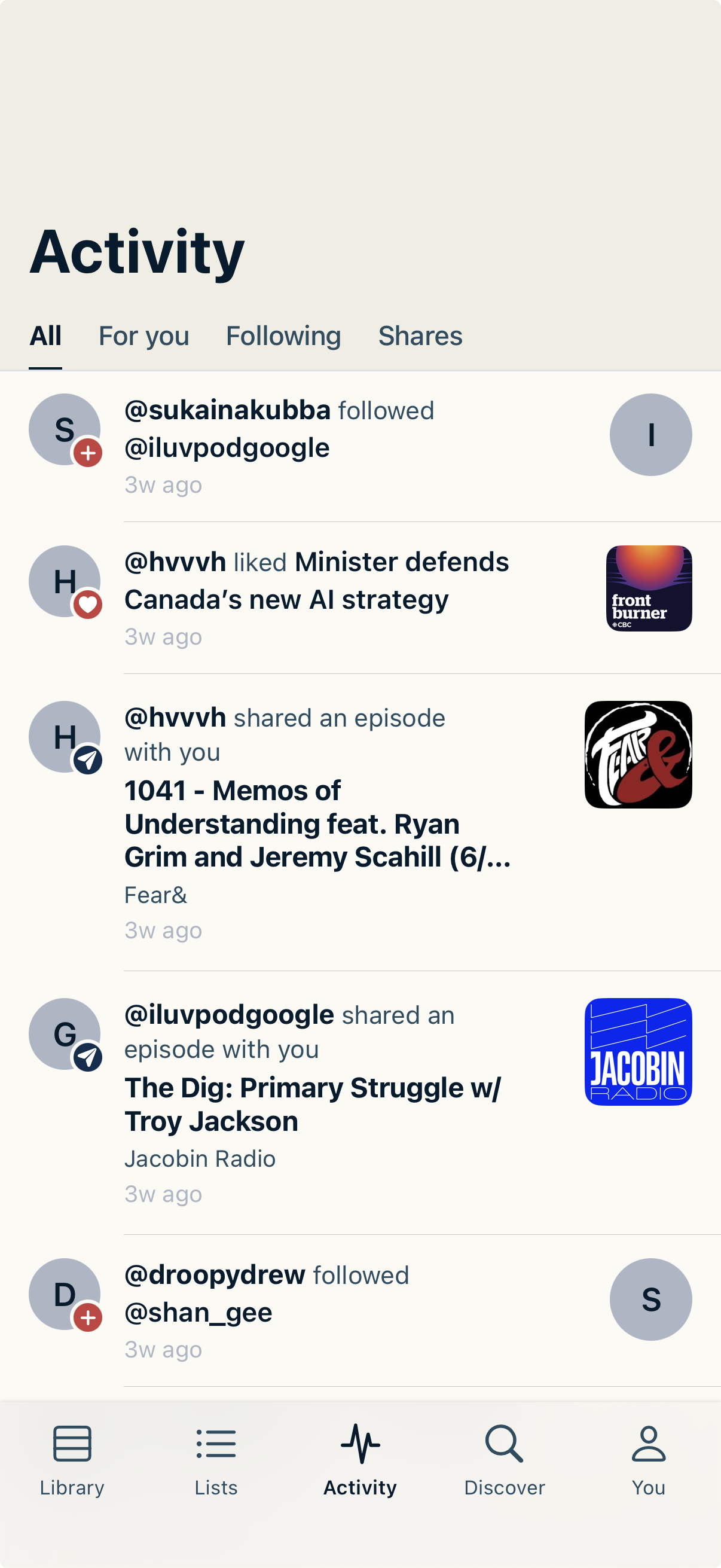 The LISTND Activity tab, a feed of follows, likes and shared episodes from people you follow