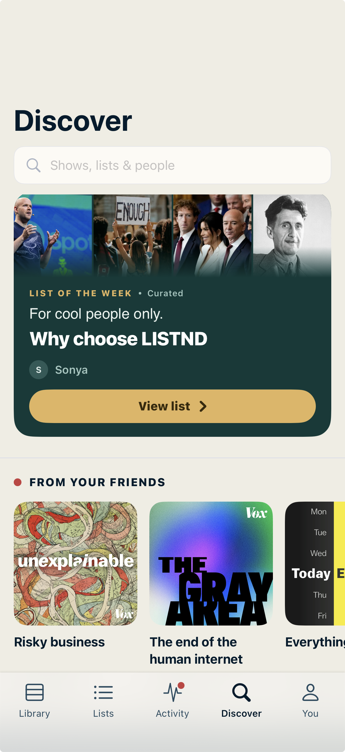 The LISTND Discover tab with a curated list of the week and picks from friends