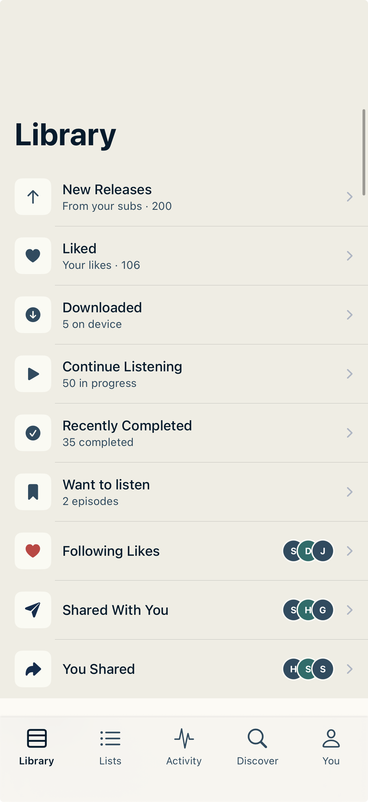 The LISTND Library tab with new releases, likes and shared shelves