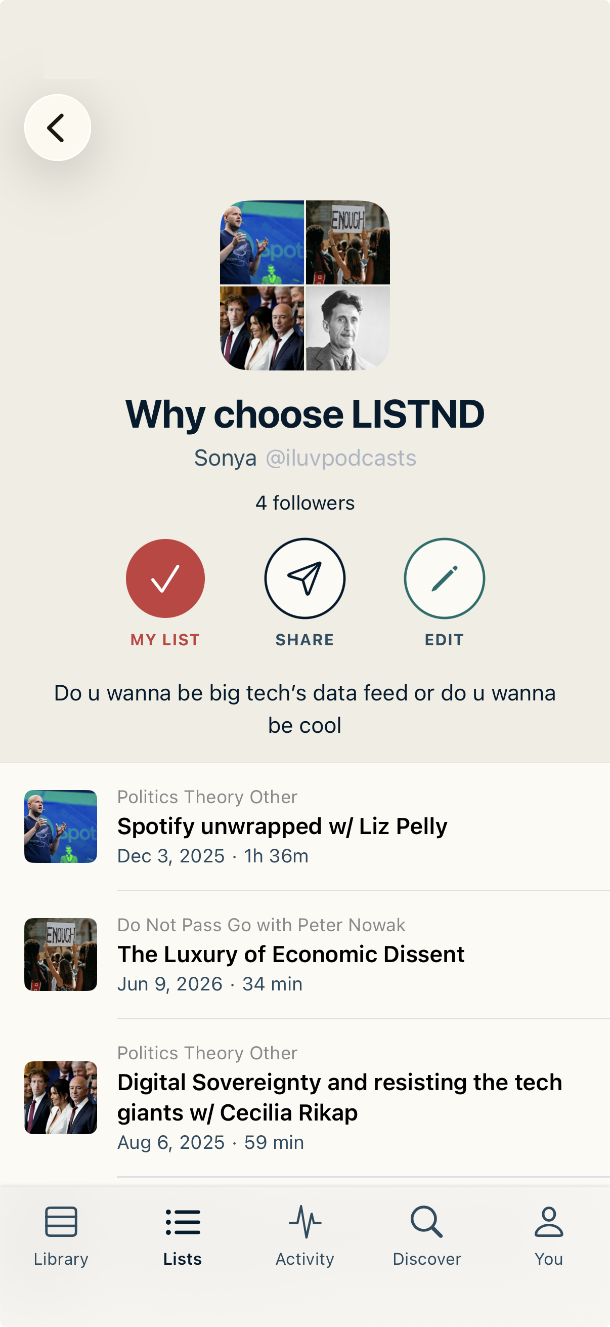 A LISTND list page with episodes and follow and share buttons