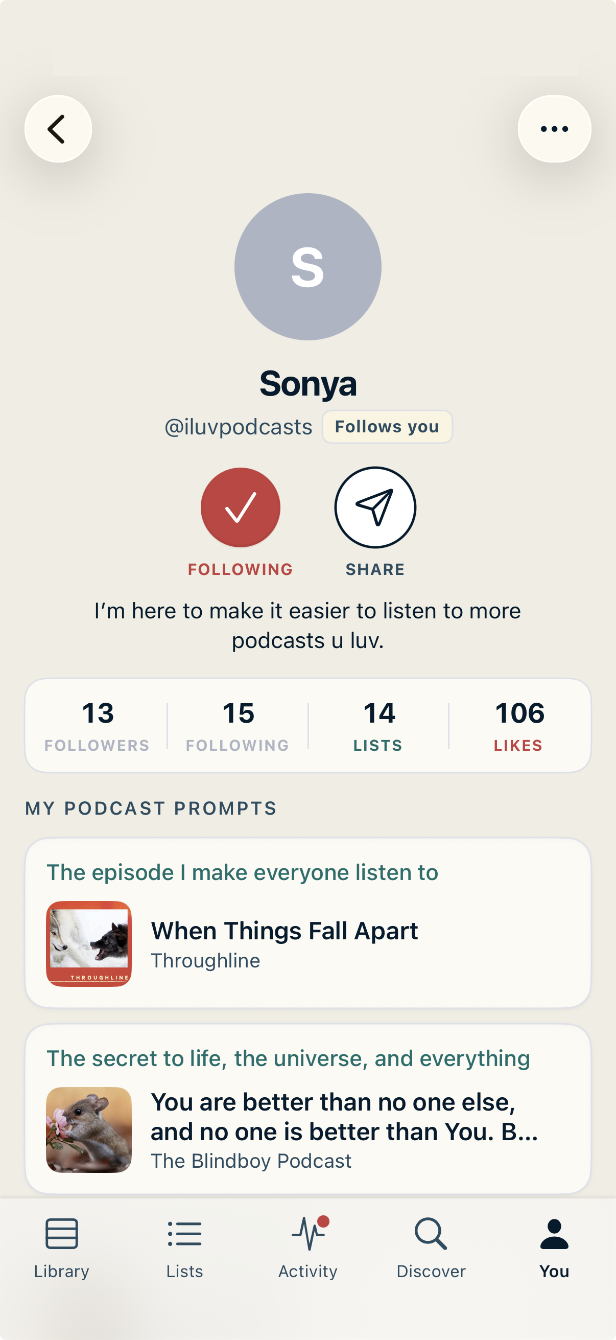 A LISTND profile page with follower stats and podcast prompts