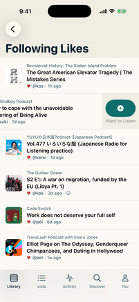 Swiping left on a row to add an episode to Want to listen in LISTND