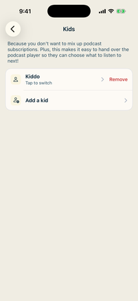 The Kids screen in LISTND, with a child account and an option to add another